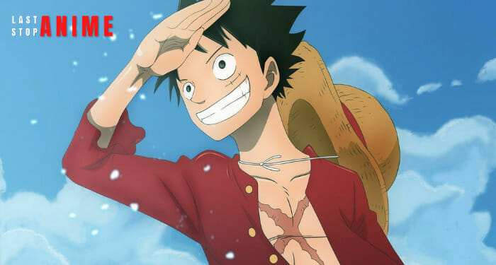 Monkey D Luffy smiling and looking for something a scene from one piece anime