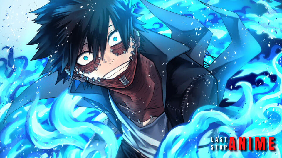 Dabi with blue eyes in a blue wavy background from My Hero Academia