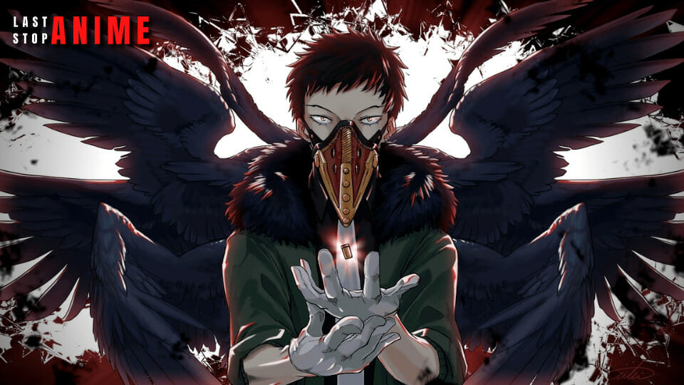 Overhaul in his wings and putting his hands forward with a mask