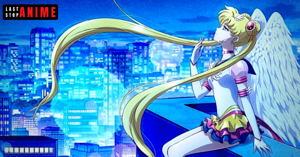 Sailor Cosmos sitting on roof of the building with long blonde hair