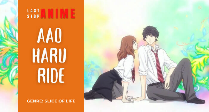 Futaba Yoshioka and Kou Tanaka sitting together looking at each other from anime Aao Haru Ride