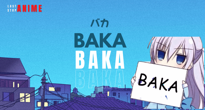 Baka anime words : anime character holding board baka written on it