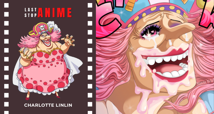Charlotte linlin covered in cake smiling from one piece