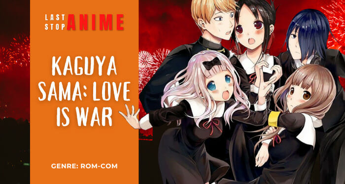 student council members Miyuki Shirogane, Kaguya Shinomiya, Yu Ishigami, Chika Fujiwara and Miko Iino posing together as group from anime Kaguya Sama: Love is War