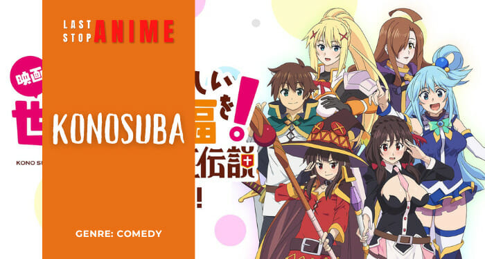 Kazuma, Aqua, Megumin, Darkness and other characters standing as a adventurer party from anime KonoSuba