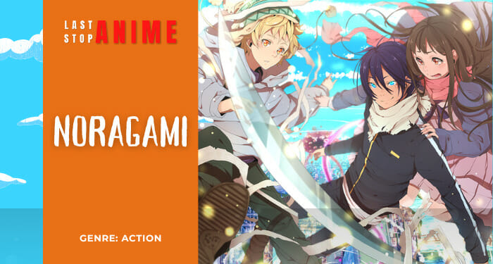 Yato holding sword, Hiyori and yukine standing beside hime covered with hearts from anime Noragami 