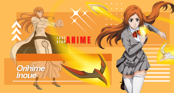 Orihime Inoue in her school outfit attacking with her hairclips From Bleach