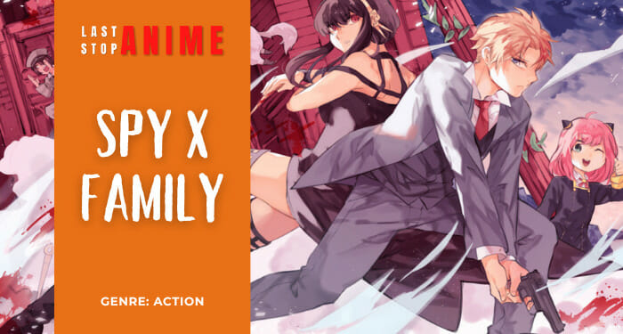 Loid Forger, Yor Forger and Anya Forger in action pose with guns and weapons from anime Spy x Family