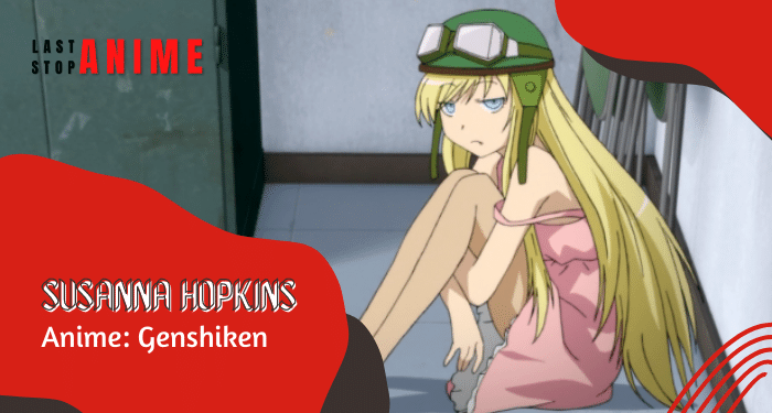 Susanna Hopkins wearing a helmet sitting in pink sundress from anime Genshiken