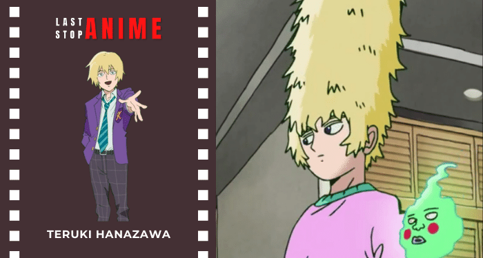 Teruki Hanazawa with high long hairs in pink top from mob psycho 100