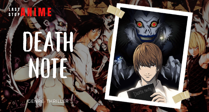 light yagami holding death note in his hands with shinigami ryuk and lawliet with other characters from Death note