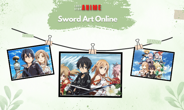 All the characters from Sword Art Online in three different images from the show