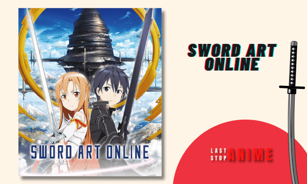 Main characters from Sword Art Online with swords together in front of temple