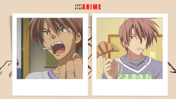 Akio Furukawa holding crossiant and screaming in two different images for anime dilfs
