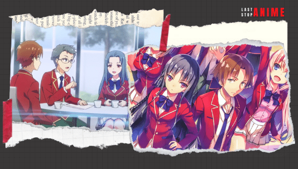 main characters from Classroom of the Elite in red uniform discussing 