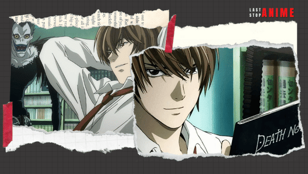 the main character from Death Note anime with the ghost and the book titled death note