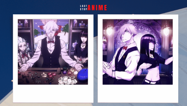main character from Death Parade standing in casino with girls