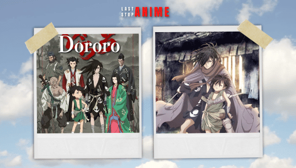 Character holding the kid and images of characters from Dororo