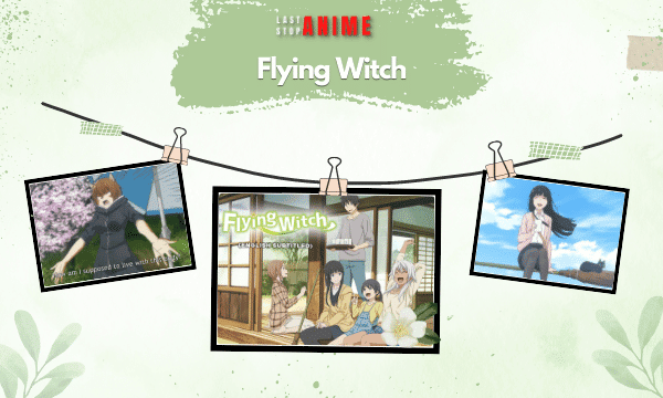 Characters from Flying Witch in three different pictures 