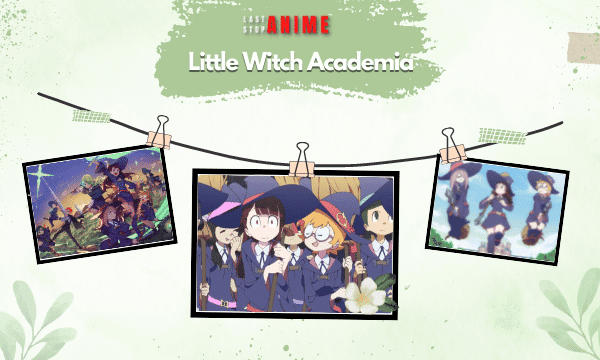 Main characters from Little Witch Academia in three different images of the incidents