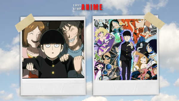 All major characters from Mob Psycho 100 in two different images from the anime