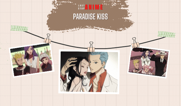 main characters from Paradise Kiss hugging, discussing and talking in three different images