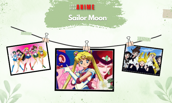 Main characters from Sailor Moon in multiple images from the show