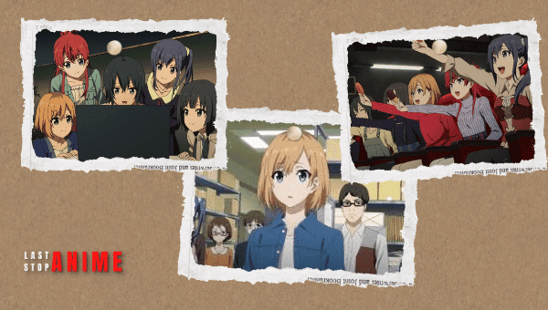 Main characters in three different images from Shirobako 