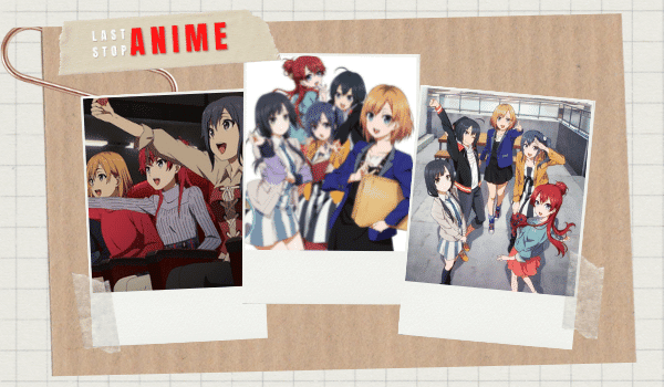 all female characters of Shirobako posing in three different images