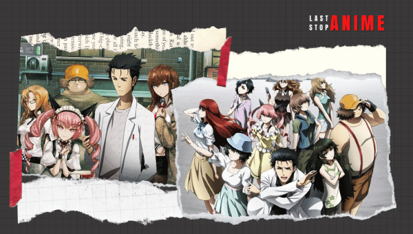 Main characters from Steins;Gate in multiple images inside template