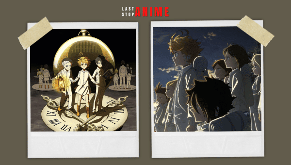 mutiple images from The Promised Neverland showing characters and plot