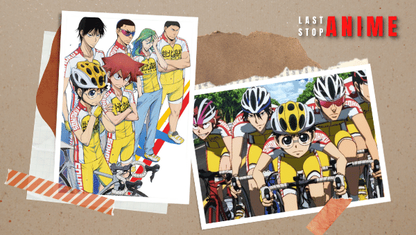 characters in Yowamushi Pedal riding cycle and wearing yellow uniform