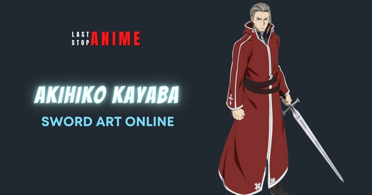 akihiko kayaba in grey hair wearing red martial arts dress with sword in hand
