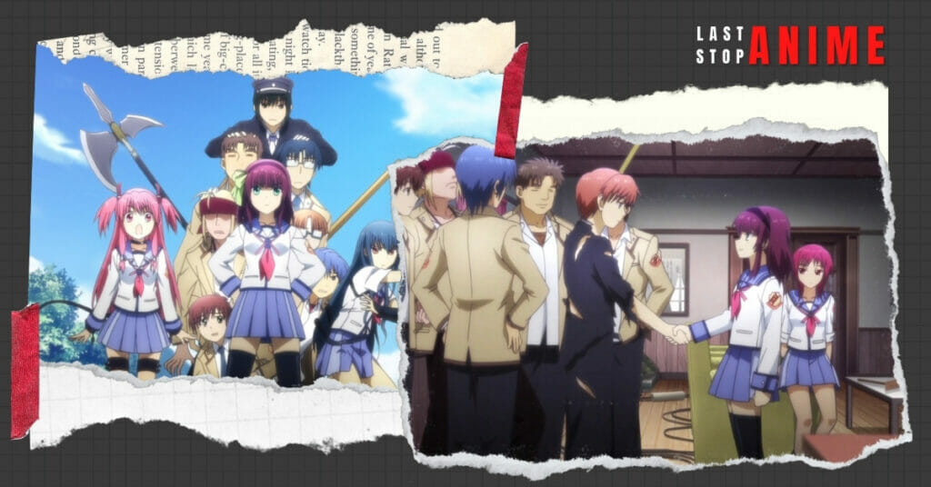 Main characters from Angel Beats holding weapons and shaking hands while wearing skirt with pink hair