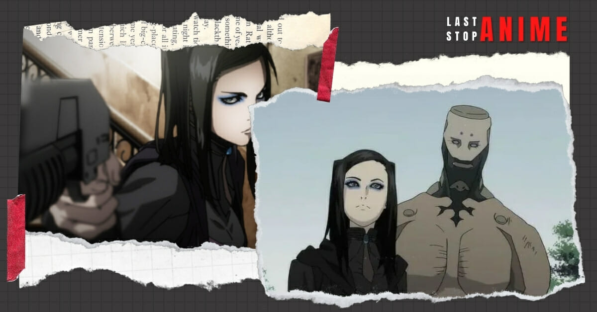 Lead character from Ergo Proxy holding gun and ready to fire with blue eye shadow