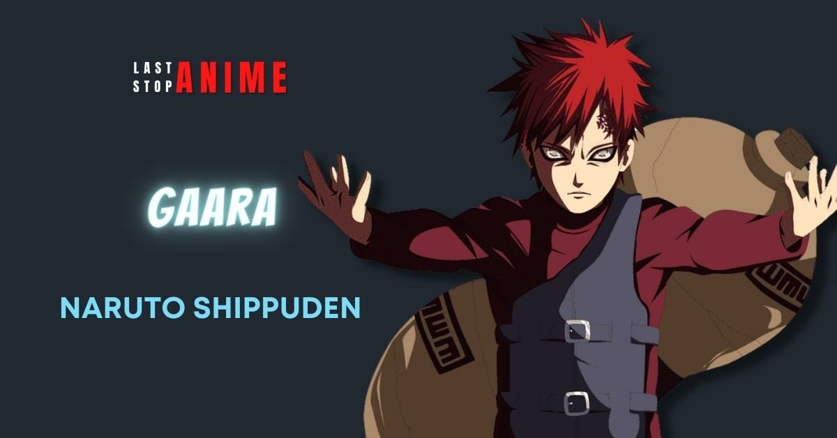 gaara in short red hair with brown eyes wearing red seatshirt and shield on chest