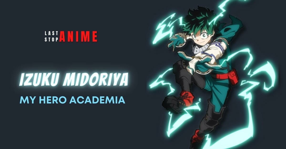 izuku midoriya in green hair wearing green combat dress with thunder around him