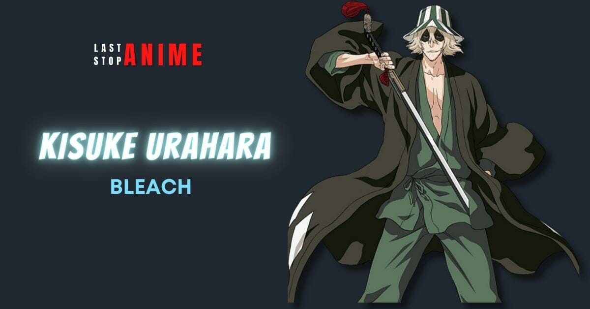 Kisuke Urahara from Bleach wearing hat and holding sword while wearing green warrior dress