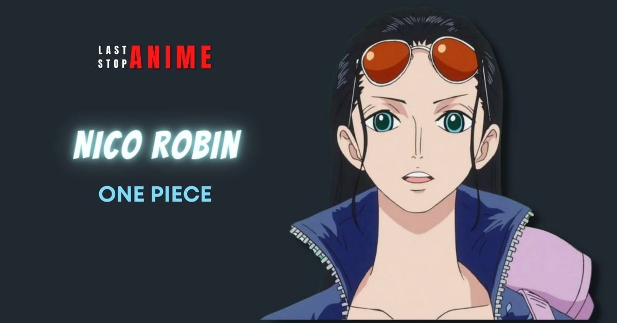 Nico Robin from One Piece wearing red specs with blue eyes 