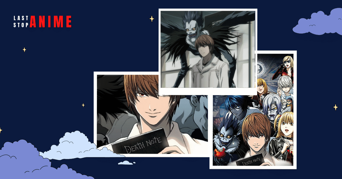 main character from Death Note with villain in three different images from the anime