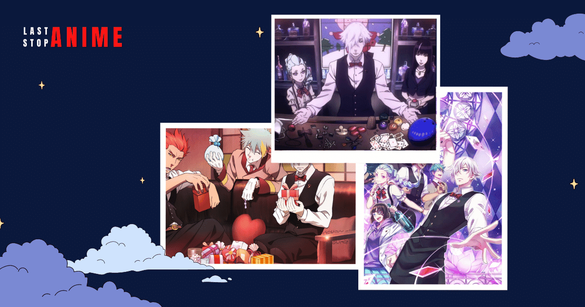 Characters from Death Parade anime playing card and sitting together in three different images