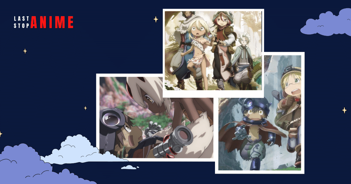 three images of characters and events from Made in Abyss anime