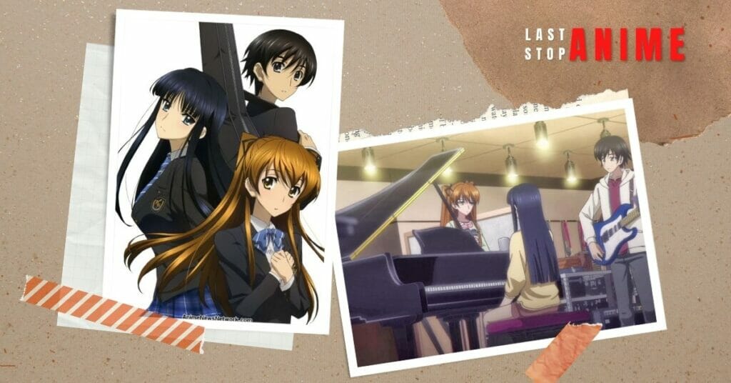 Three main characters from White Album 2 with their music instruments