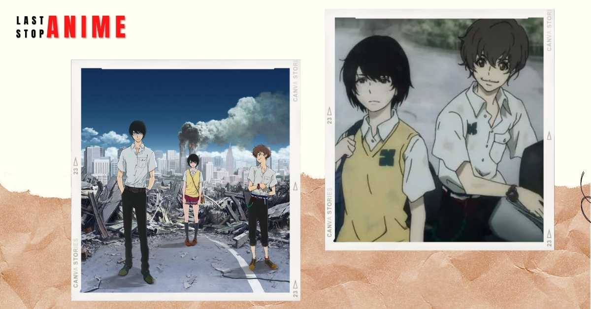 Poster image and characters' image from Zankyou no Terror (Terror in Resonance)