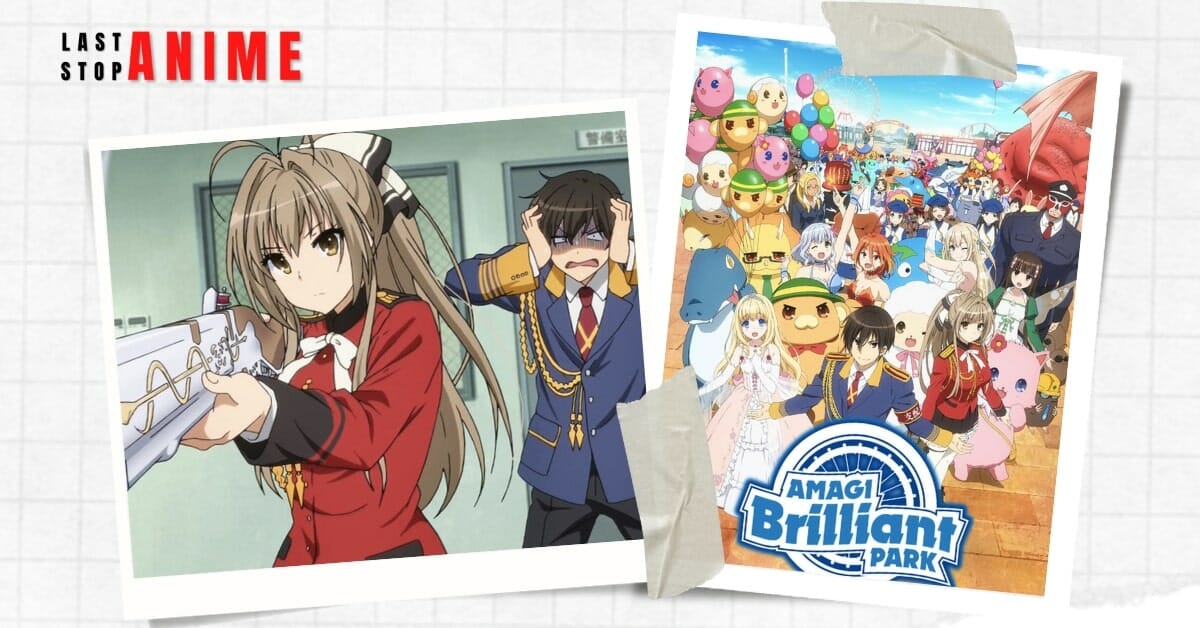 Poster image of Amagi Brilliant Park and characters pointing gun in red dress