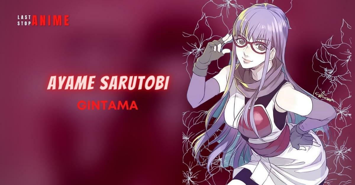 ayame sarutobi wearing specs in purple hair and hand gloves from gintama
