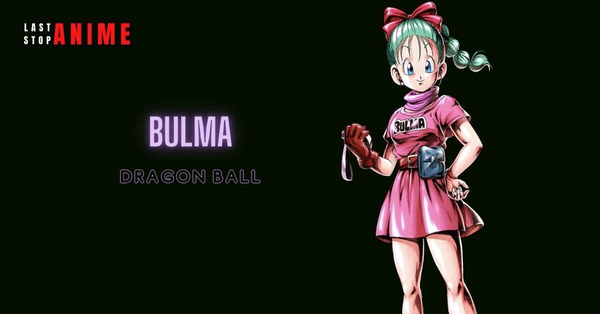 Bulma from Dragon Ball in pink dress and green hair 