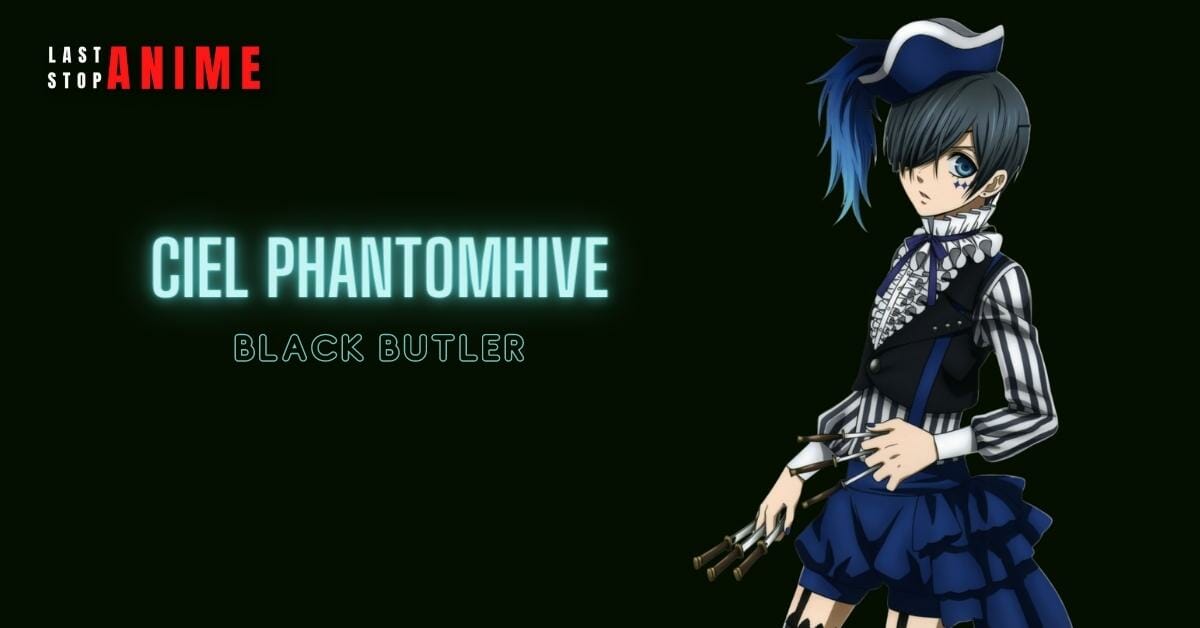 ciel phantomhive wearing blue and black dress in blue hair and holding weapon