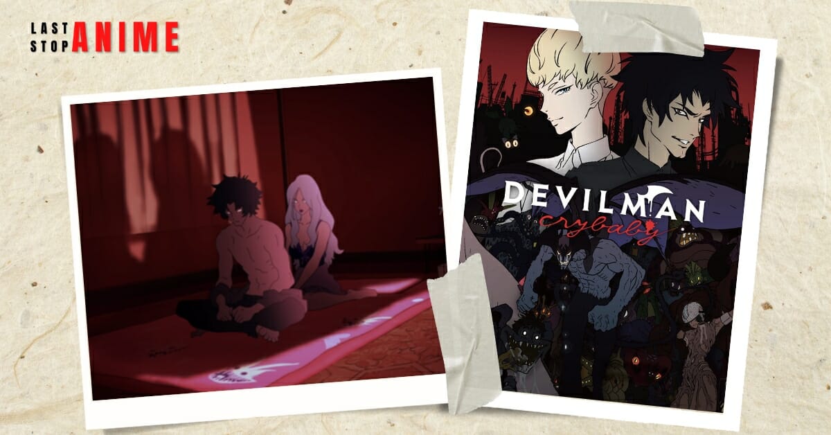 devilman crybaby poster image and characters sitting together in red mattress