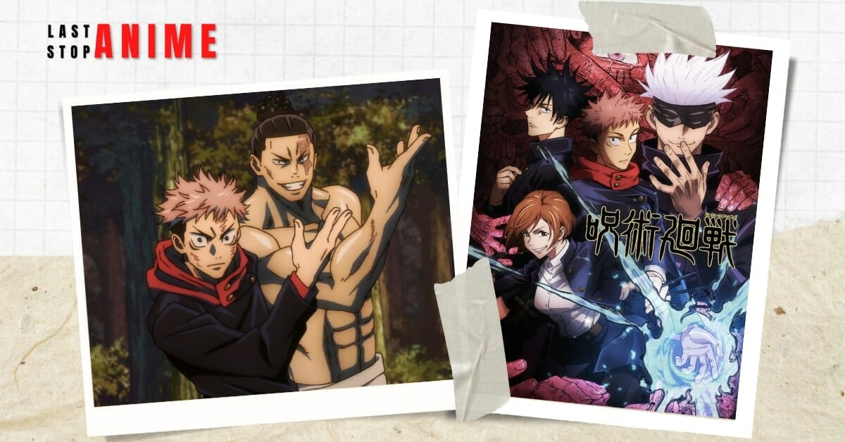 Jujutsu Kaisen poster image and character in black dress with muscular guy